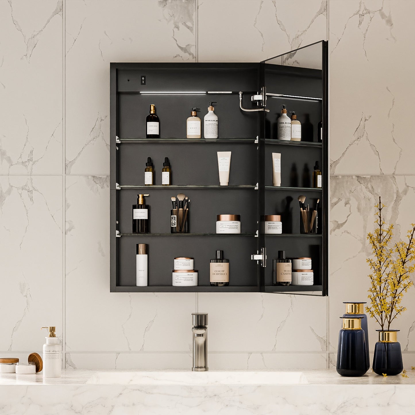 Boost-M1 20" W x 30" H Light Medicine Cabinet Recessed or Surface Mount Aluminum Adjustable Shelves Vanity Mirror Cabinet, Black Frame, Hinge on the Right - ExBriteUSA