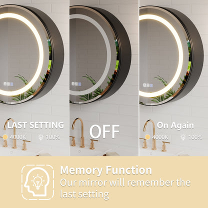 Hola 26" Round LED Medicine Cabinet �C Black Frame, Anti-Fog, Dimmable Lighting, Surface Mount - ExBriteUSA