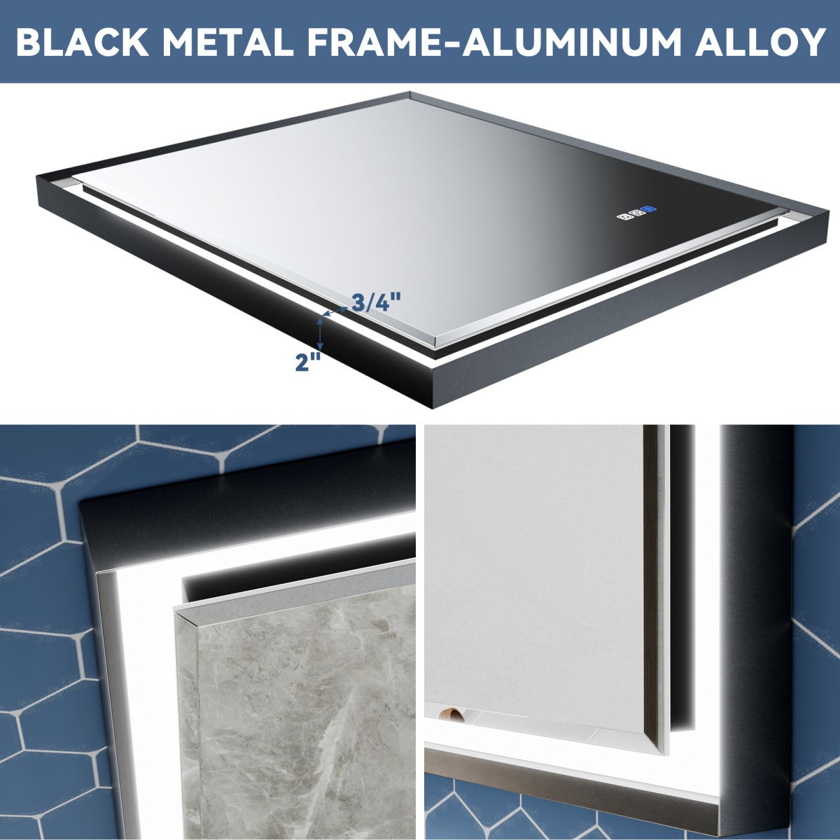 Verloar 22" W x 34" H Framed Lighted Bathroom Mirror,Dimmable,Anti Fog,Front-Lit Illumination,Matte Black