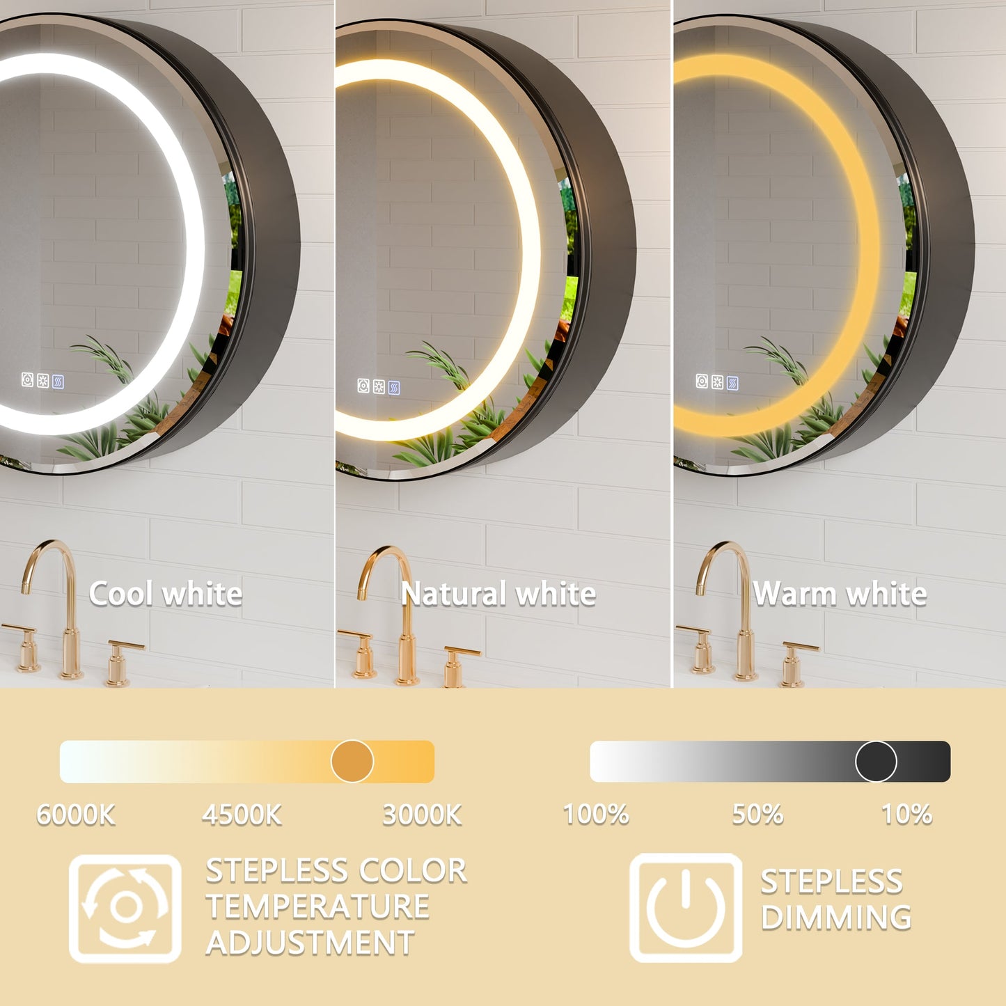 Hola 28" Round LED Medicine Cabinet �C Black Frame, Anti-Fog, Dimmable Lighting, Surface Mount - ExBriteUSA