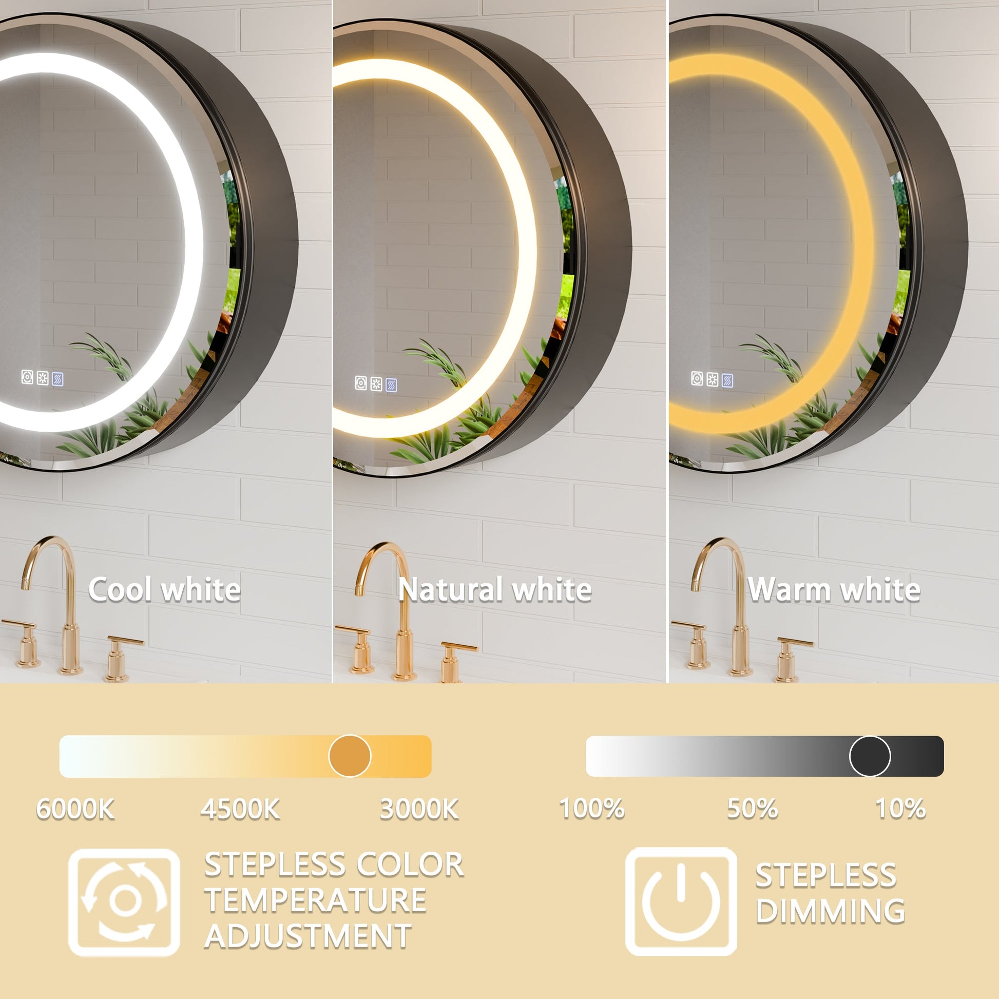 Hola 30" Round LED Medicine Cabinet �C Black Frame, Anti-Fog, Dimmable Lighting, Surface Mount - ExBriteUSA