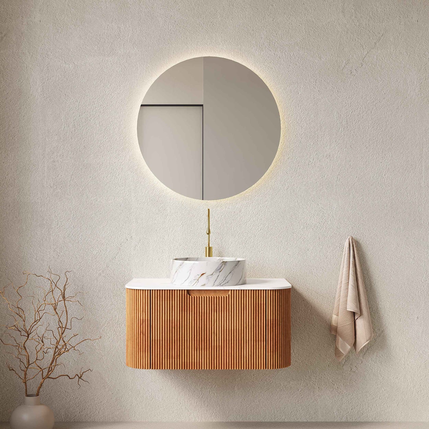 ExBrite DN 30' Bathroom Vanity & Sink, Wall-Mounted Floating Curved Edges Striped Bathroom Storage Cabinet with Drawer, White Round Ceramic Basin with Stone Pattern, Pre-assembled, Natural Woodgrain Color