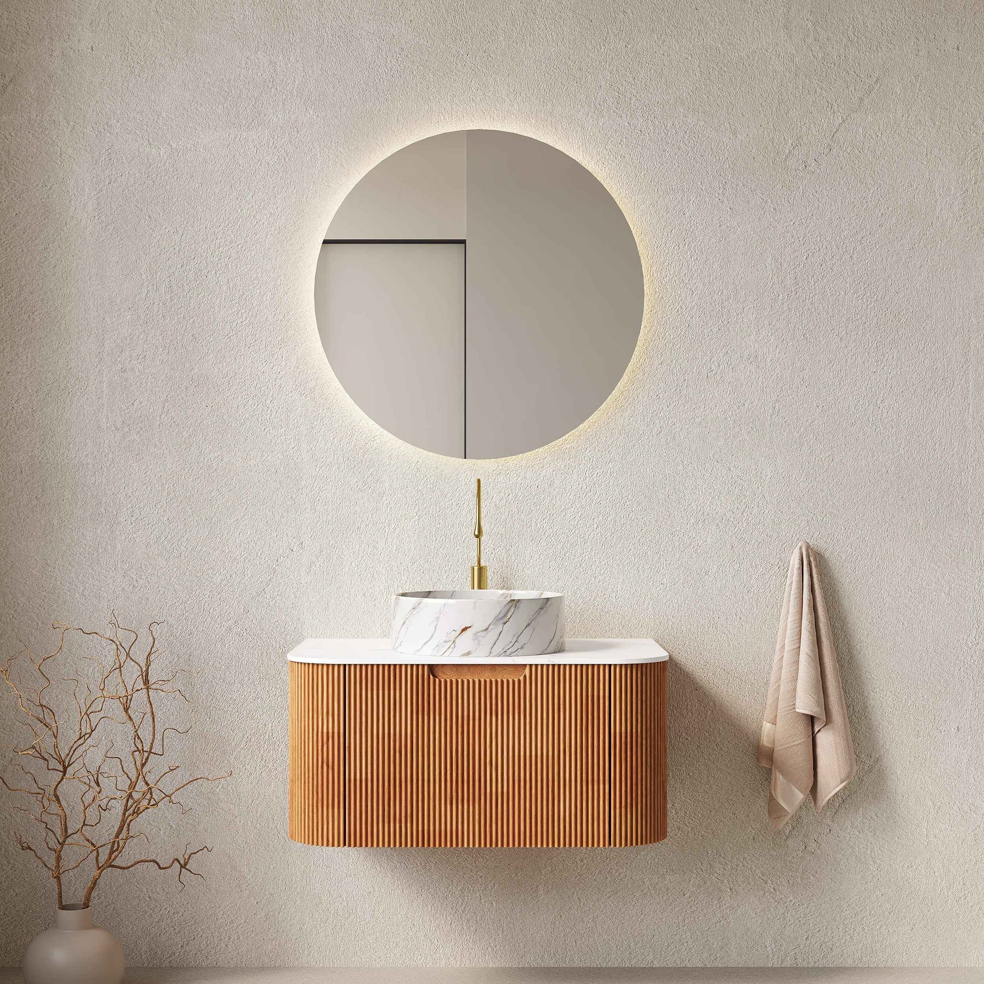ExBrite DN 30' Bathroom Vanity & Sink, Wall-Mounted Floating Curved Edges Striped Bathroom Storage Cabinet with Drawer, White Round Ceramic Basin with Stone Pattern, Pre-assembled, Natural Woodgrain Color