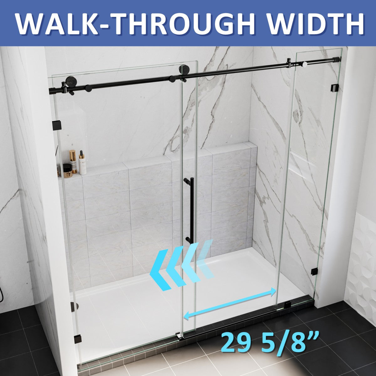 Shower enclosure with measurement text indicating walk-through width