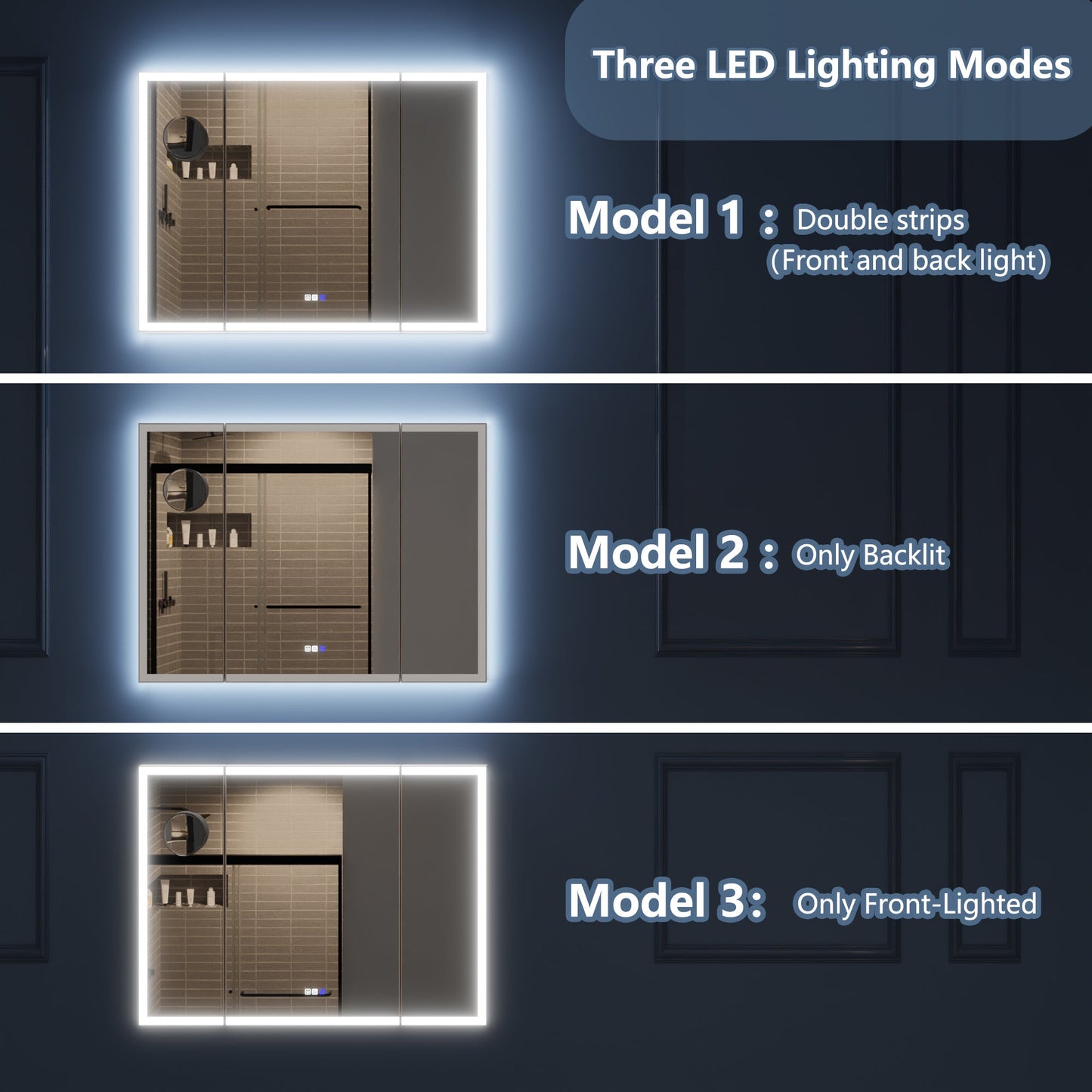 TriFold 66" W x 36" H LED Lighted Three Ways Bathroom Mirror, Front & Back Lighting, with Movable Magnifying Mirror - ExBriteUSA