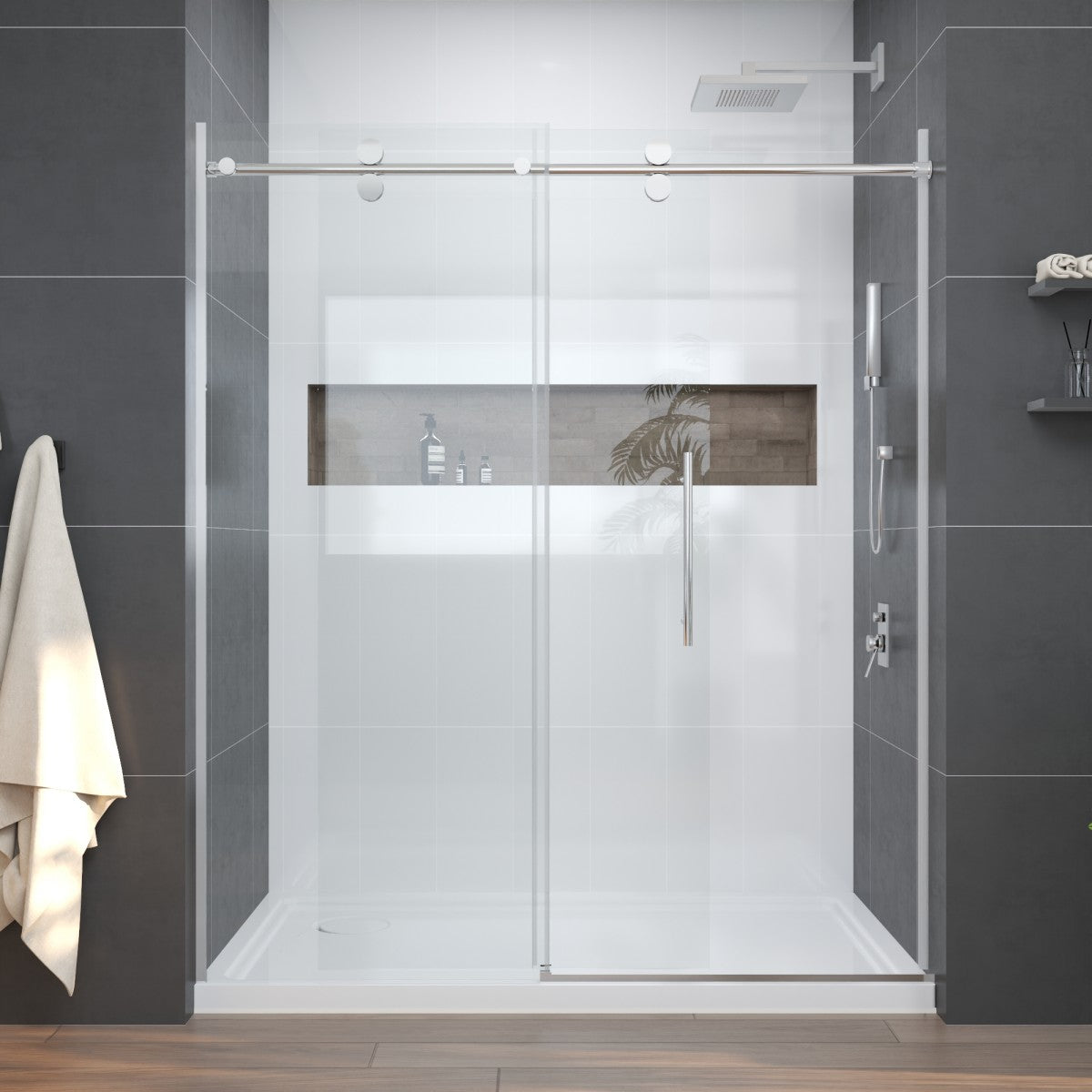 Anchor-H Allsumhome 56"-60"W x 76"H Frameless Sliding Shower Door,10mm Tempered Glass Shower Enclosure,Double Side Easy Clean Coat,Chrome,Buffer
