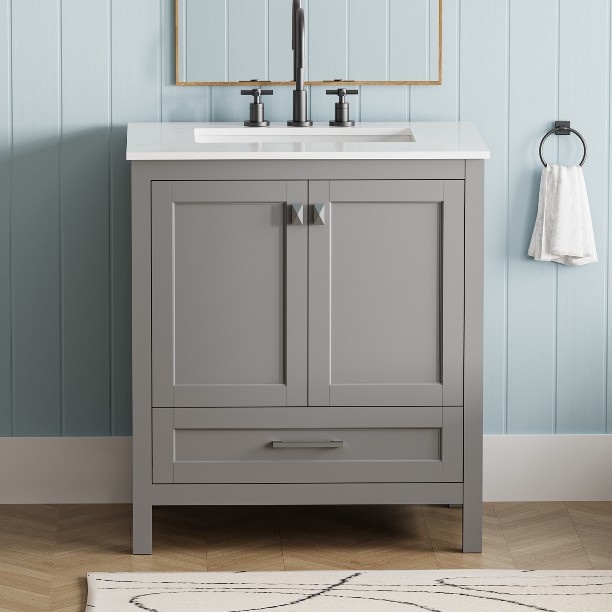 ExBrite 30" Freestanding Bathroom Vanity with Sink, Carrara Engineered Marble Vanity Top with Under-mounted Rectangular Ceramic Sink, Large Storage Soft-Close Door, Solid Wood Frame, Grey - ExBriteUSA