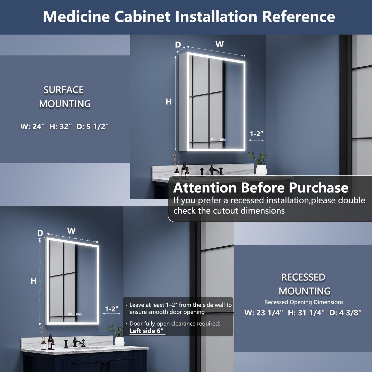 Rim 24" W x 32" H Illuminated Medicine Cabinet Recessed or Surface Mount with Left Hinge and Mirrors