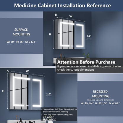 Boost-M1 30 in. W x 26 in. H Bathroom Medicine Cabinet with Mirror And Light Recessed or Surface Mount