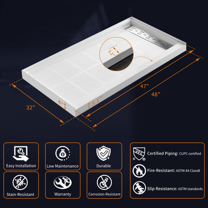 Pequod-R 48"x32" Premium Solid Surface Composite Shower Base,Non-Porous,Stain-Resistant,Long-Lasting