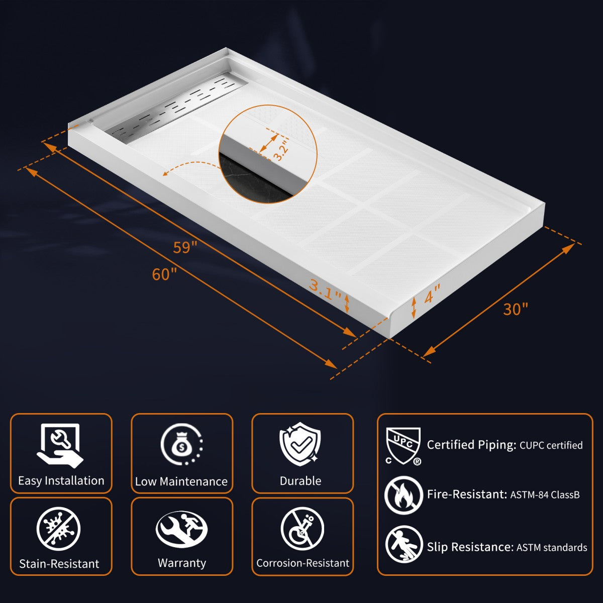 Pequod-L 60"x30" Premium Solid Surface Composite Shower Base,Non-Porous,Stain-Resistant,Long-Lasting