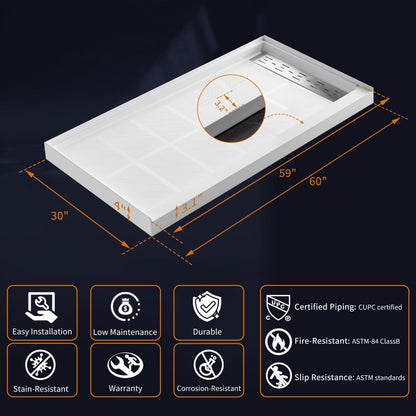 Pequod-R 60"x30" Premium Solid Surface Composite Shower Base,Non-Porous,Stain-Resistant,Long-Lasting