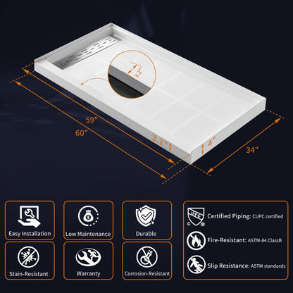 Pequod-L 60"x34" Premium Solid Surface Composite Shower Base,Non-Porous,Stain-Resistant,Long-Lasting