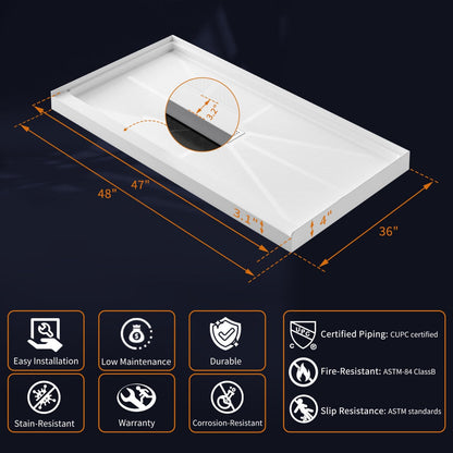 Pequod-M 48"x36" Premium Solid Surface Composite Shower Base,Non-Porous,Stain-Resistant,Long-Lasting