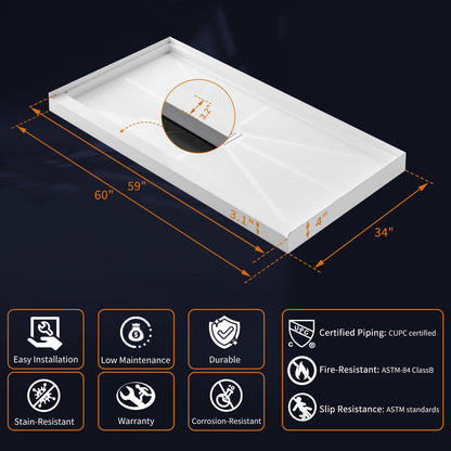Pequod-M 60"x34" Premium Solid Surface Composite Shower Base,Non-Porous,Stain-Resistant,Long-Lasting