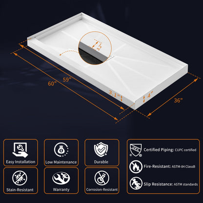 Pequod-M 60"x36" Premium Solid Surface Composite Shower Base,Non-Porous,Stain-Resistant,Long-Lasting