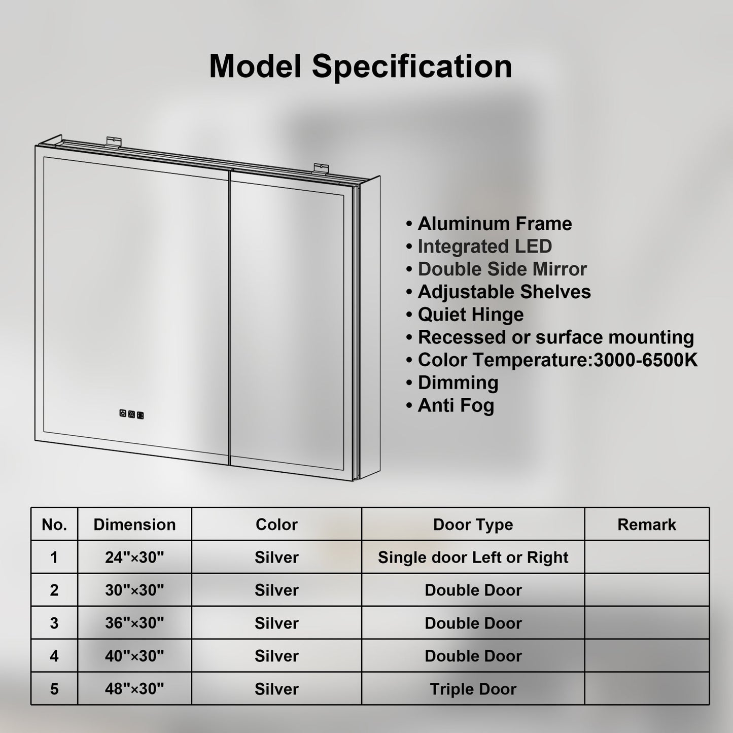 ExBrite 24"W x 30"H LED Medicine Cabinet with Anti-Fog, Stepless Color Temperature and Dimming, Adjustable Shelves, Aluminum Frame, Recessed or Surface Mount, Hinge on Left - ExBriteUSA