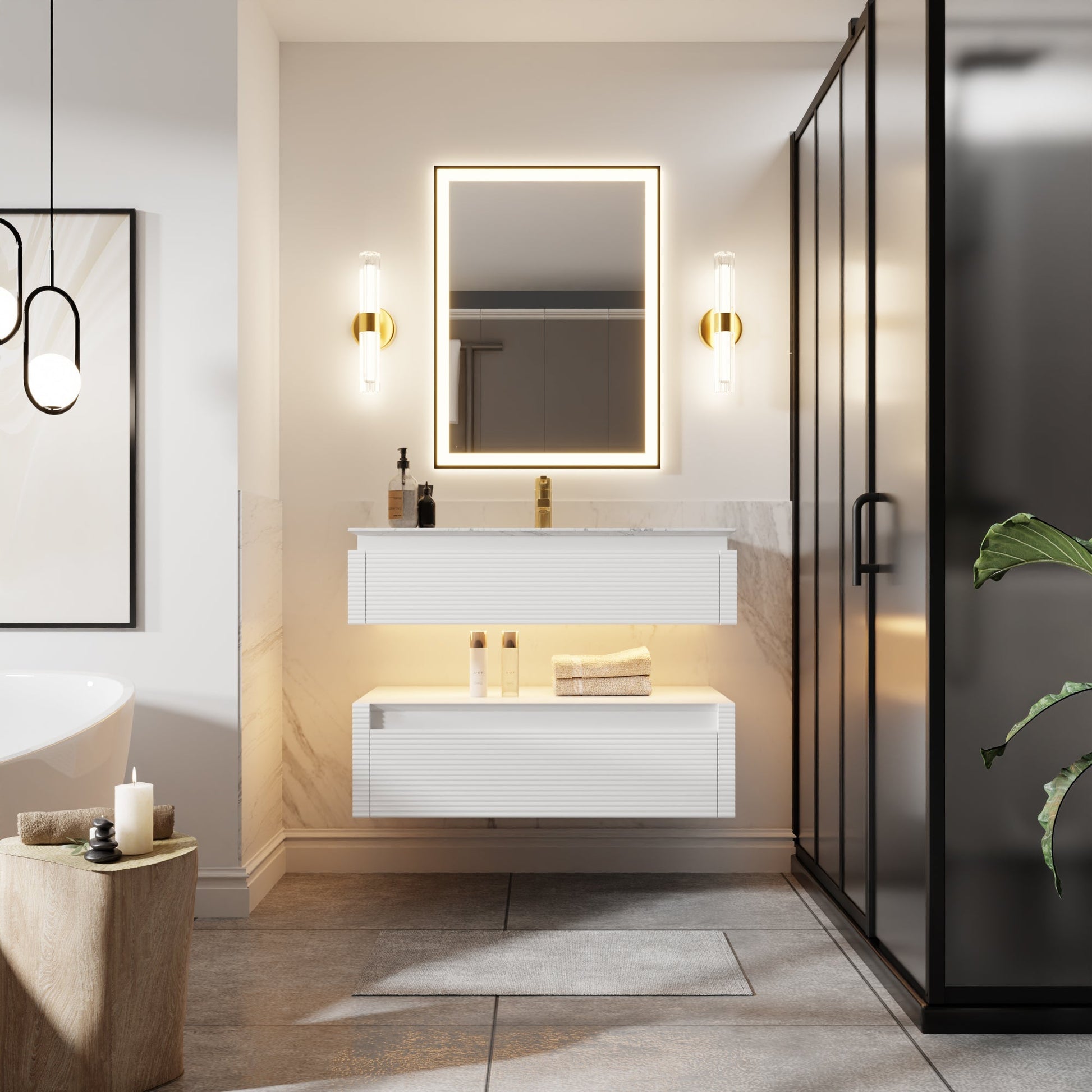 Segeo 36" modern solid oak floating bathroom vanity cabinet in white with artificial stone countertop and soft-close drawers.