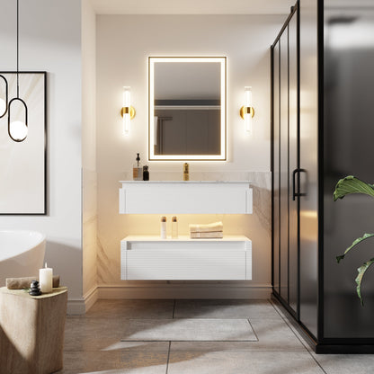 Segeo 36" modern solid oak floating bathroom vanity cabinet in white with artificial stone countertop and soft-close drawers.