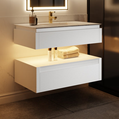 Segeo 36" modern solid oak floating bathroom vanity cabinet in white with lights and artificial stone countertop.