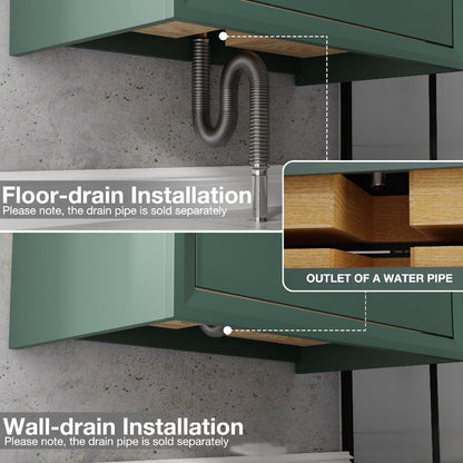 Glam 48" Modern Floating Green Rubberwood Bathroom Vanity Cabinet with Lights and Stone Slab Countertop, Single Sinks