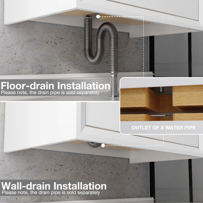 Glam 48" Modern Floating White Rubberwood Bathroom Vanity Cabinet with Lights and Stone Slab Countertop, Dual Sinks