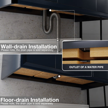 Glam 60" Modern Floating Blue Rubberwood Bathroom Vanity Cabinet with Lights and Stone Slab Countertop, Dual Sinks