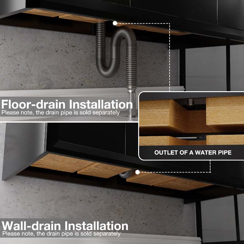 Glam 60" Modern Floating Black Rubberwood Bathroom Vanity Cabinet with Lights and Stone Slab Countertop, Dual Sinks