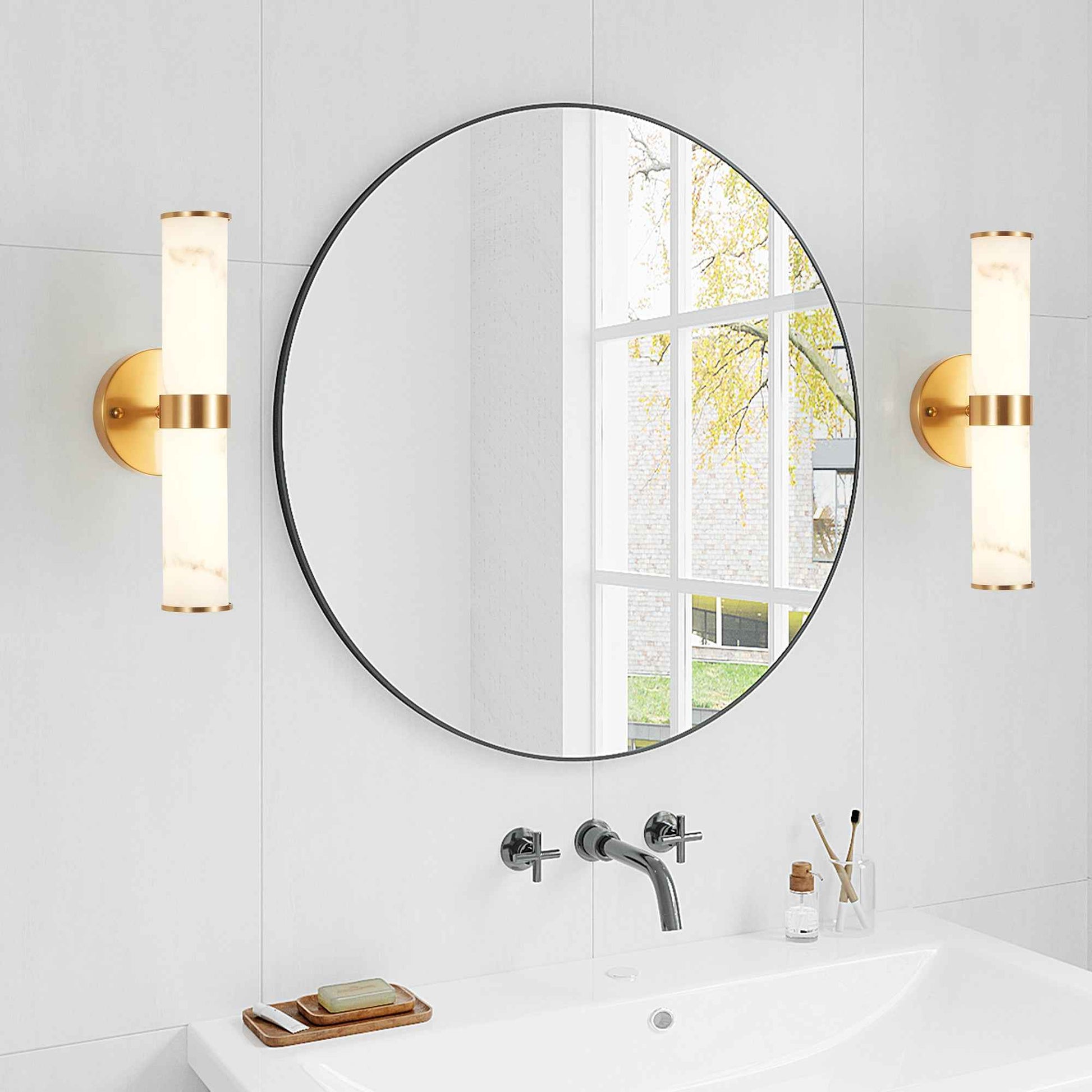Exbrite Set of 2 Modern Marble-Effect Resin Wall Sconces with Gold Accents �C Elegant LED-Compatible Vanity Lights for Bedroom, Living Room & Hallway(Only Inoor)