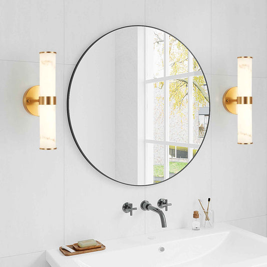 Exbrite Set of 2 Modern Marble-Effect Resin Wall Sconces with Gold Accents �C Elegant LED-Compatible Vanity Lights for Bedroom, Living Room & Hallway(Only Inoor)