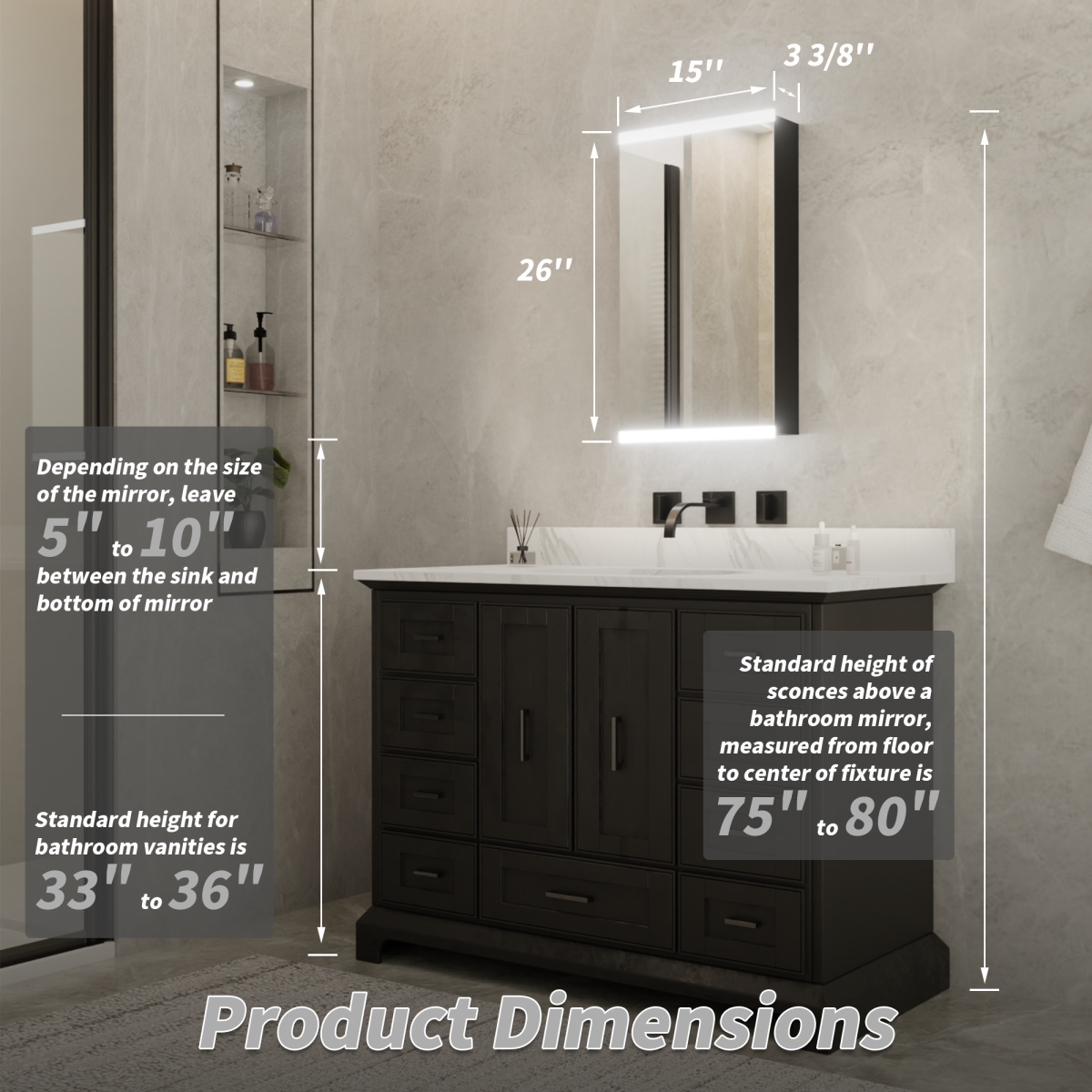 ExBrite 15 in. W x 26 in. H Medicine Cabinet,for surface mounting,Aluminum alloy matte black,single color temperature 5000K - ExBriteUSA