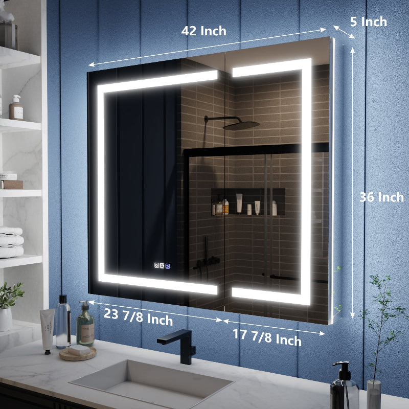 Bathroom mirror with dimensions labeled on a blue wall.