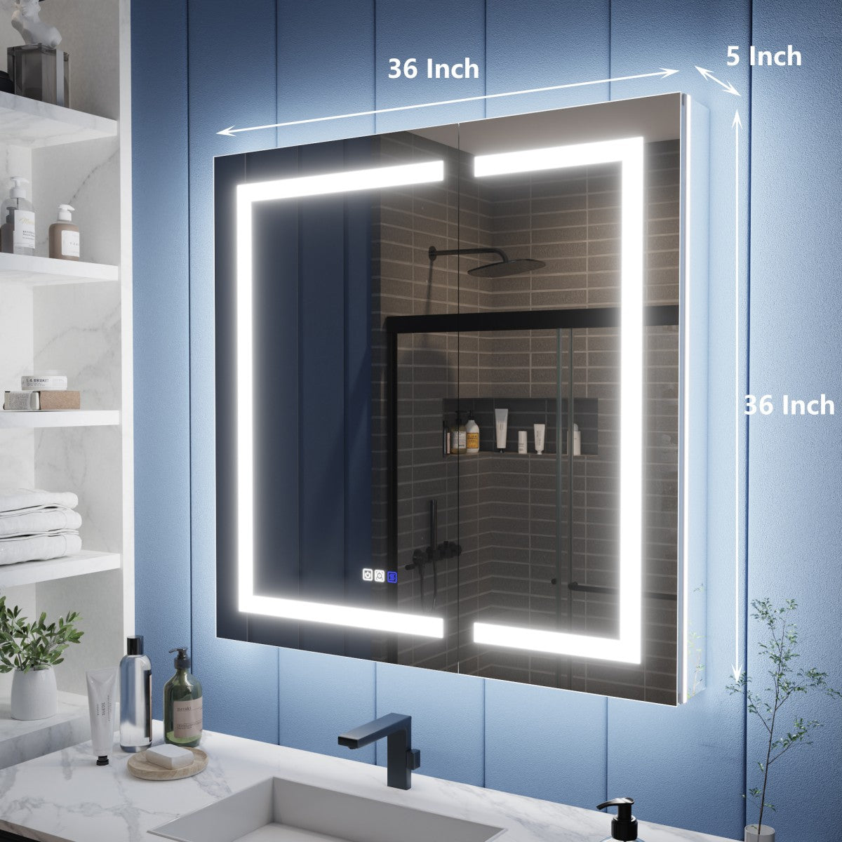Illusion-B 36" x 36" LED Lighted Inset Mirrored Medicine Cabinet with Magnifiers Front and Back Light