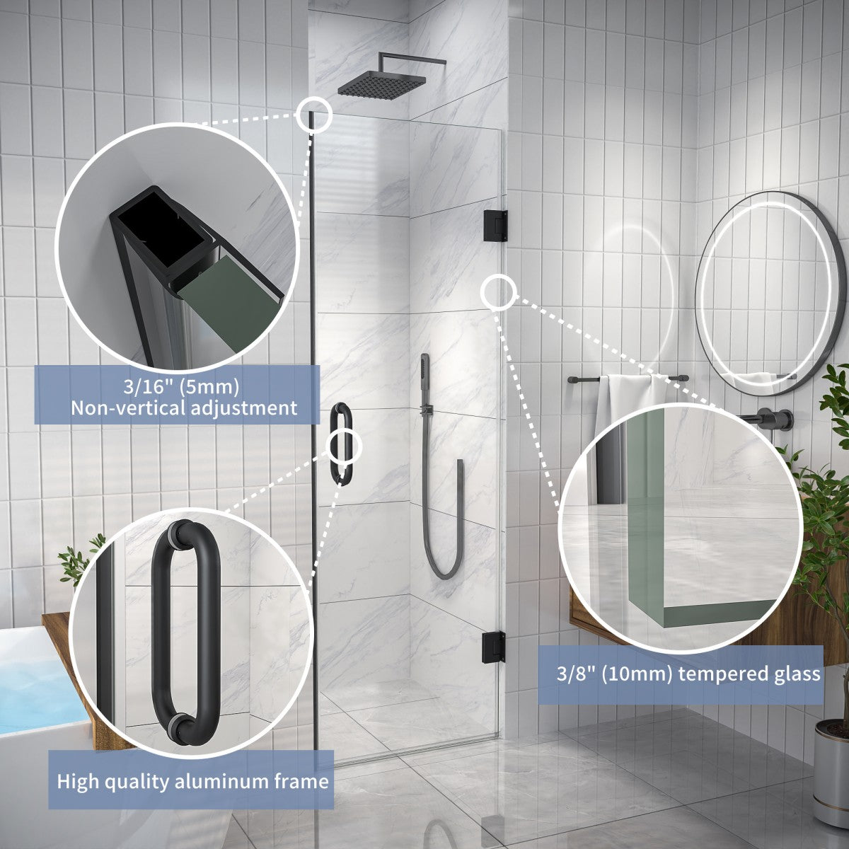 Valor Shower Door 24in.W x 72in.H Frameless Hinged Shower Door,Shower Room Glass Door with Clear Tempered Shower Glass Panel,Black