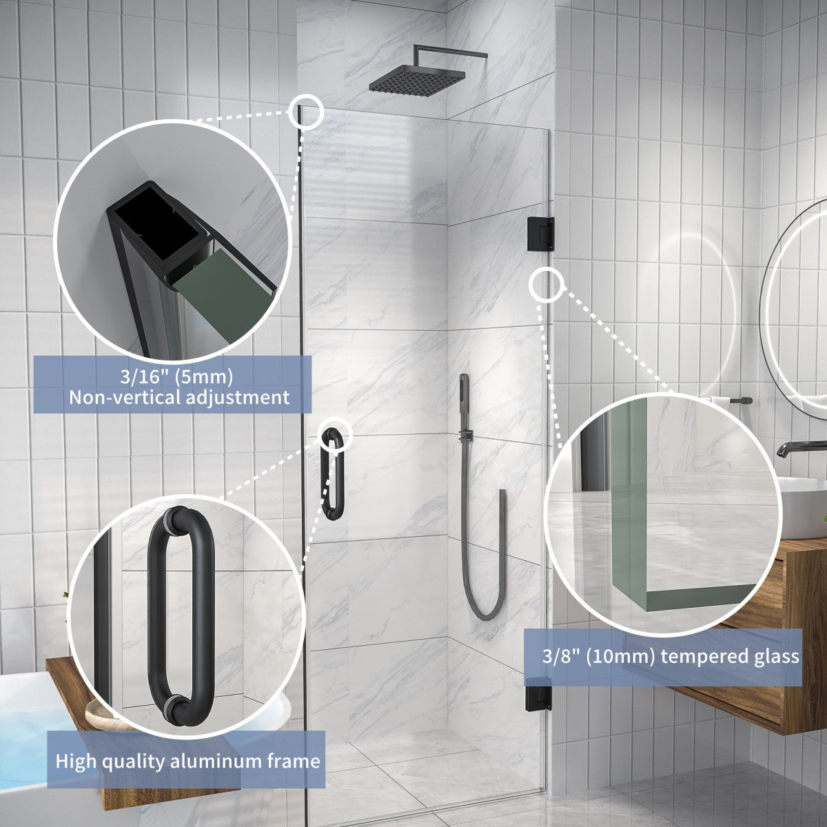 Valor Shower Door 28in.W x 72in.H Frameless Hinged Shower Door,Shower Room Glass Door with Clear Tempered Shower Glass Panel,Black