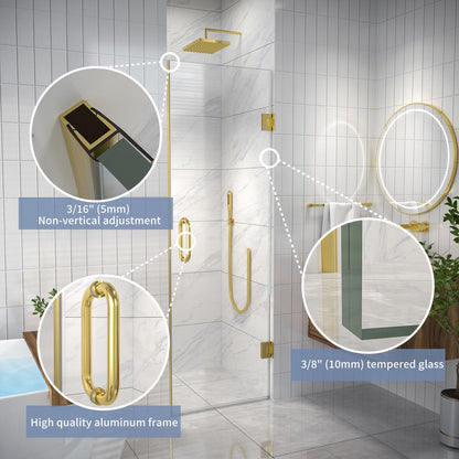Valor 24"x72" Frameless Shower Door in Brush Gold,Water Repellent Glass with Seal Strip Parts and Handle,Glass Hinged Shower Door