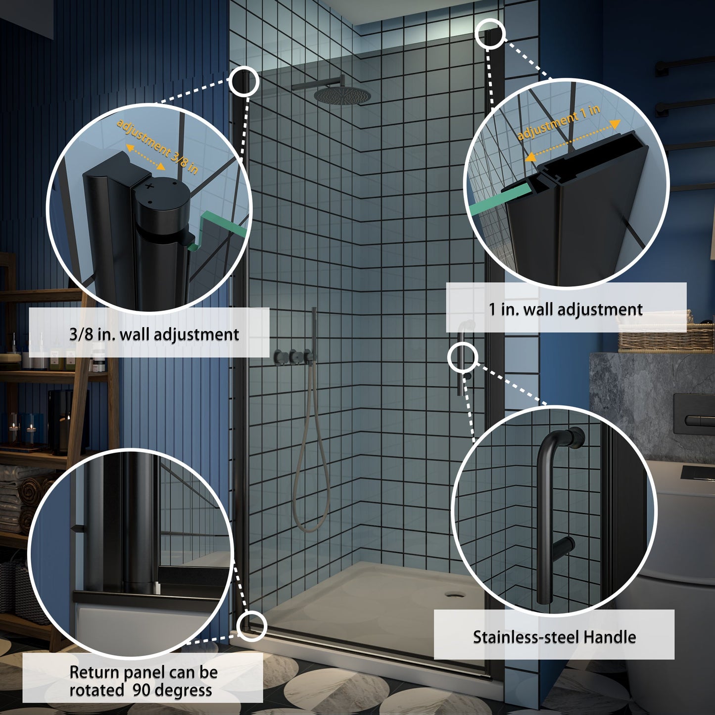 Classy-G 36-37.3" W x 72" H Pivot Frameless Shower Door Matte Black Smoke Gray Glass Shower Door with Handle