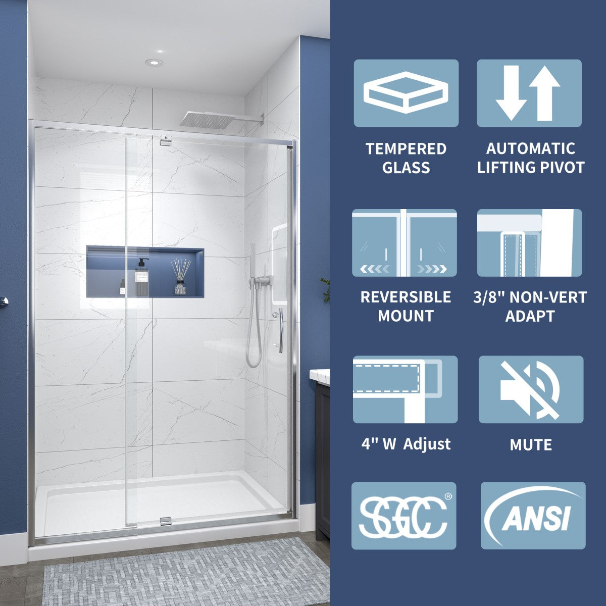 Flexi 44-48"x71" Frameless Shower Door in Brushed Nickel,Water Repellent Glass with Seal Strip Parts and Handle,6mm Glass Shower Door - ExBriteUSA