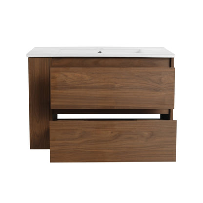 Allsumhome 30" Wall Mounting Floating Bathroom Vanity With Ceramic Sink,Brown Oak Finish,2 - Soft Close Drawer