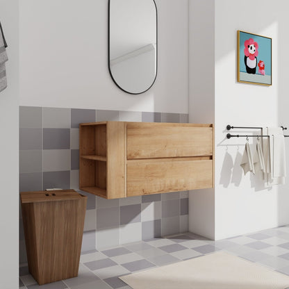 Allsumhome 36" Wall Mounting Floating Bathroom Vanity, Soft Close Drawer,Imitative Oak Finish(Only Vanity, Without Basin)