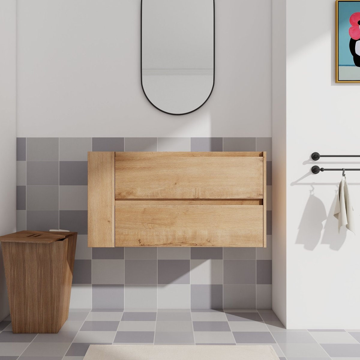 Allsumhome 36" Wall Mounting Floating Bathroom Vanity, Soft Close Drawer,Imitative Oak Finish(Only Vanity, Without Basin)