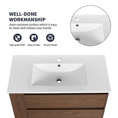 Allsumhome 36" Wall Mounting Floating Bathroom Vanity With Ceramic Sink,Brown Oak Finish,Soft Close Drawer