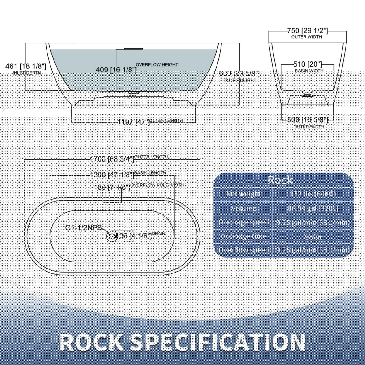 Allsumhome RockX 67" Imitation Natural Stone Freestanding Bathtub,Stone Touch,Cement grey,Scratch - proof,Large Overflow Port