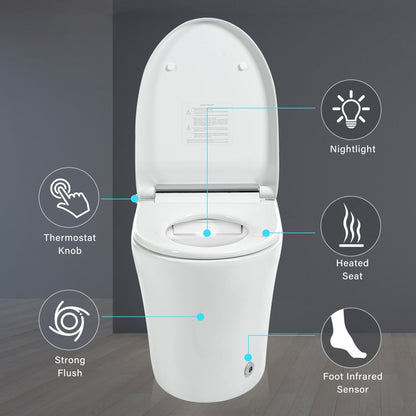 Allsumhome Smart toilet with Built - in Adjustable Temp Heated Seat, Auto Flush, 1.28 GPF, Foot sensor Flush, White Night Light