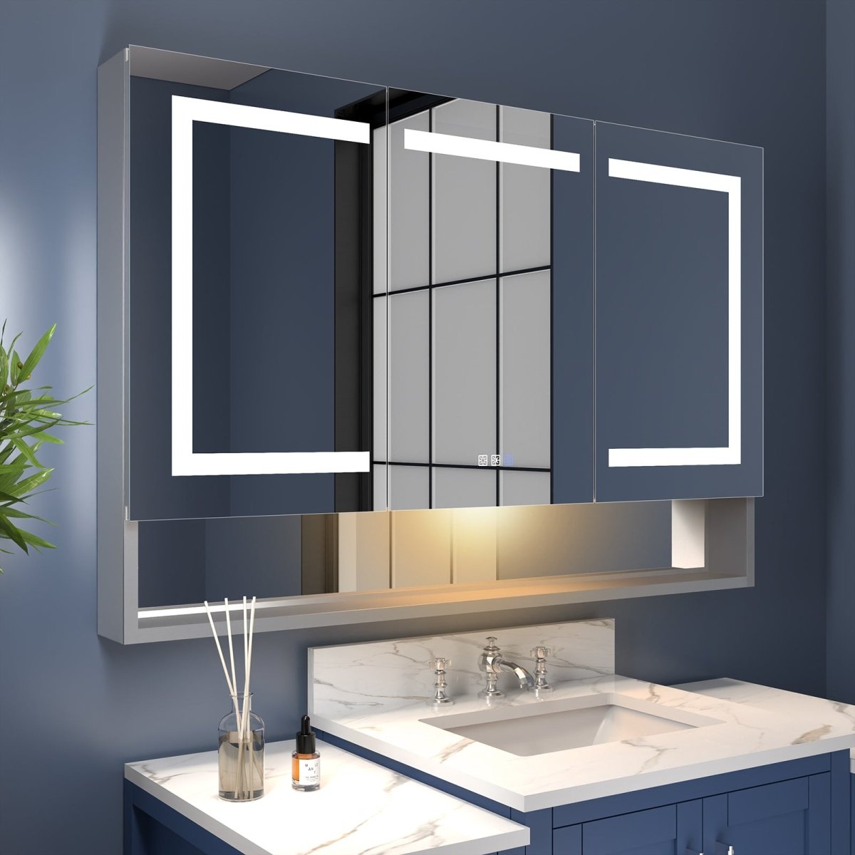 Ample 48" W x 32" H LED Lighted Mirror Chrome Medicine Cabinet with Shelves for Bathroom Recessed or Surface Mount