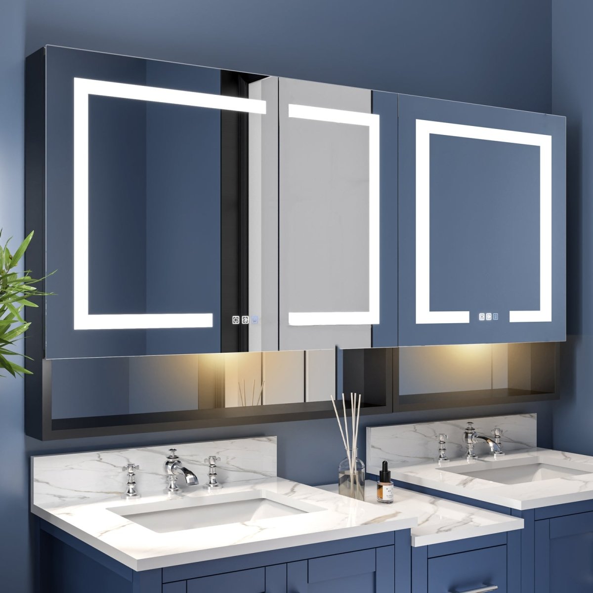 Ample 60" W x 32" H Bathroom Medicine Cabinet with Mirror and Lights Recessed or Surface Mount Defog