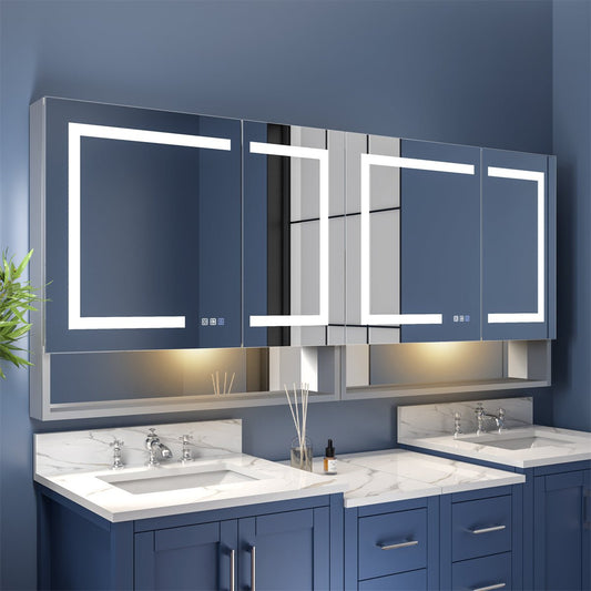 Ample 72" W x 32" H LED Lighted Mirror Chrome Medicine Cabinet with Shelves for Bathroom Recessed or Surface Mount