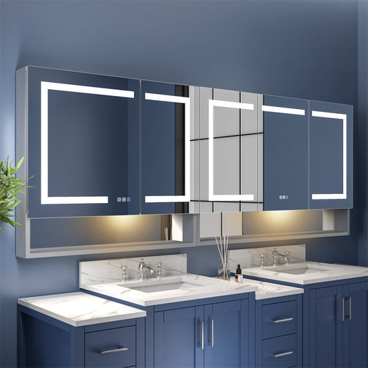 Ample 84" W x 32" H LED Lighted Mirror Chrome Medicine Cabinet with Shelves for Bathroom Recessed or Surface Mount