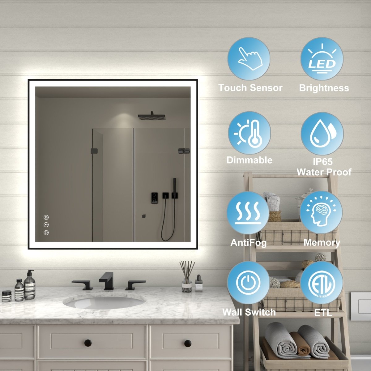 Apex - Noir 36"x36" Framed LED Lighted Bathroom Mirror