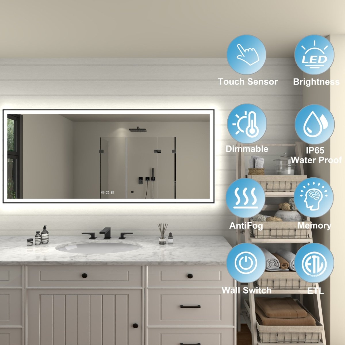 Apex - Noir 72"x32" Framed LED Lighted Bathroom Mirror